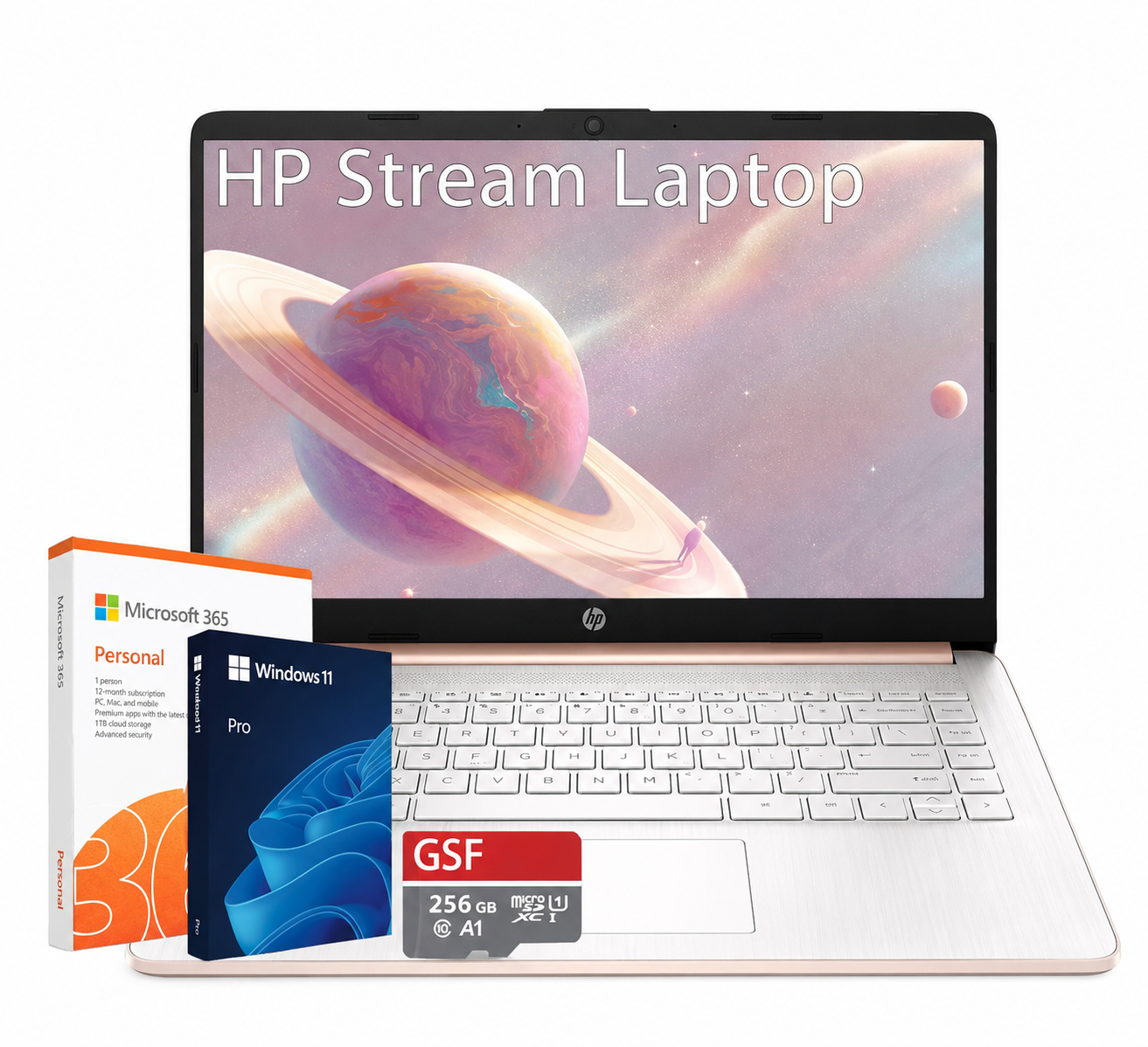 HP Stream 14" Laptop – Intel Quad-Core, 8GB RAM, 384GB Storage, Windows 11 Pro – Rose Gold